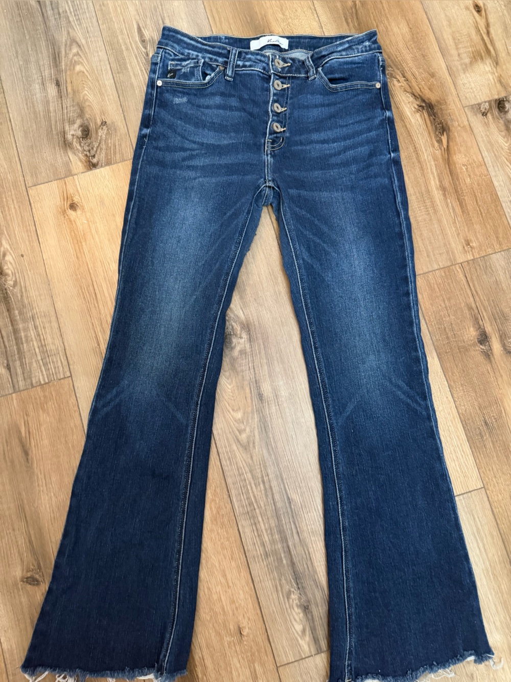 KanCan Indigo Button-Fly Flare Jeans with Frayed Hem